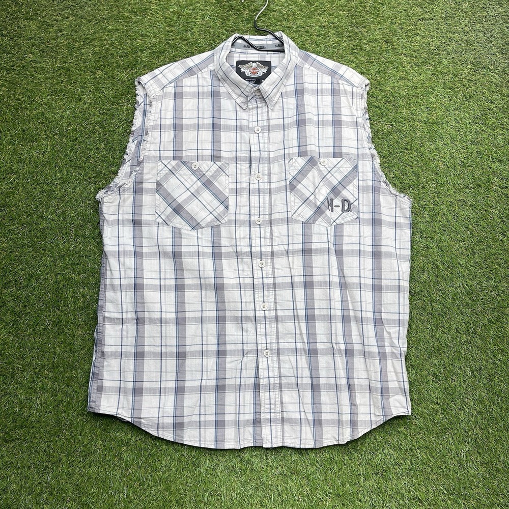 Harley Davidson Button Down Shirt Mens XL Sleeveless Plaid Pockets Mechanic